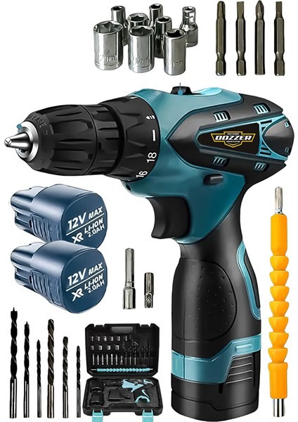 V-Tec 12 Volt 2 Ah Çift Akülü 24 Parça Setli Bakır Sarglı Akülü Vidalama Matkap