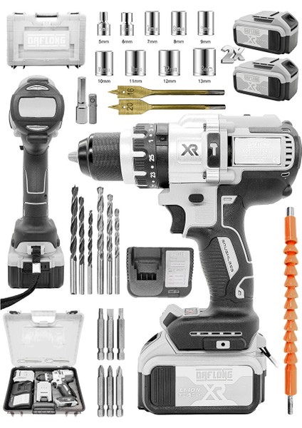 Brushless 21V 3 Ah Çelik Şanzıman 10 Pilli Çift Akülü Darbeli Şarjlı Matkap Vidalama-Beyaz