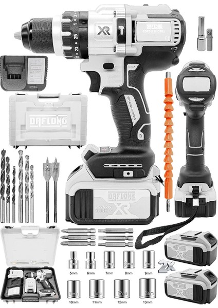 Brushless 21V 3 Ah Çelik Şanzıman 10 Pilli Çift Akülü Darbeli Şarjlı Matkap Vidalama-Beyaz fiyatları