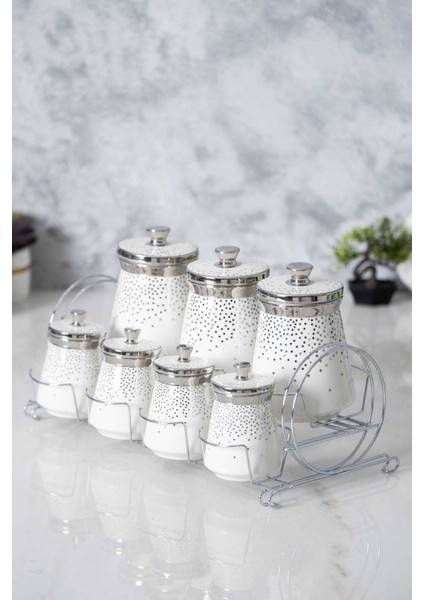 6388 Fleur Metal Standlı 7 Li Baharat Takımı Silver