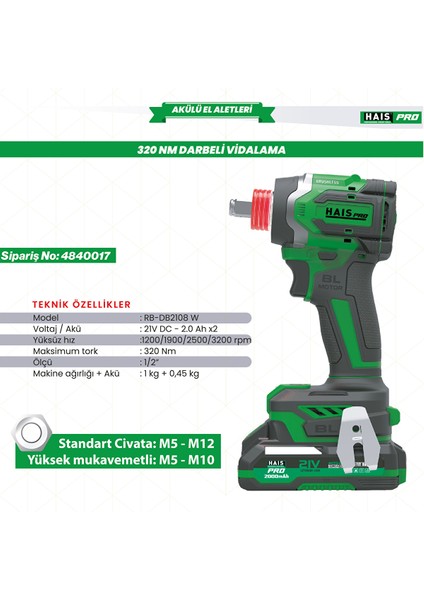 pro RB-DB2108W Darbeli Vidalama-Somun Sökme 320NM 21 V 2.0 Ah