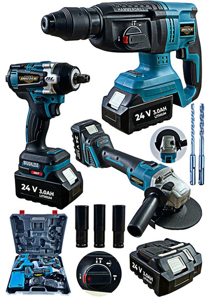 TR2430 Brushless Motor Mega 3lü Set Şarjlı Kırıcı + Şarjlı Taşlama + Bijon Somun Sökme Matkap
