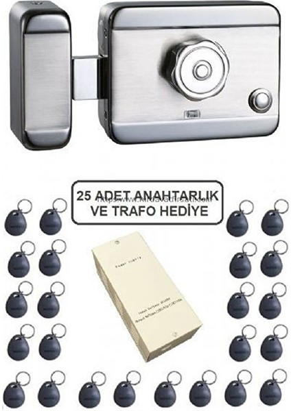 Su Geçi̇rmez Motorlu Otomat (Sessi̇z-Güvenli̇ Elektrikli Trajlı Apartman Kapı Kilidi) + Kartlı Sistemi + Trafosu + 25 Çip