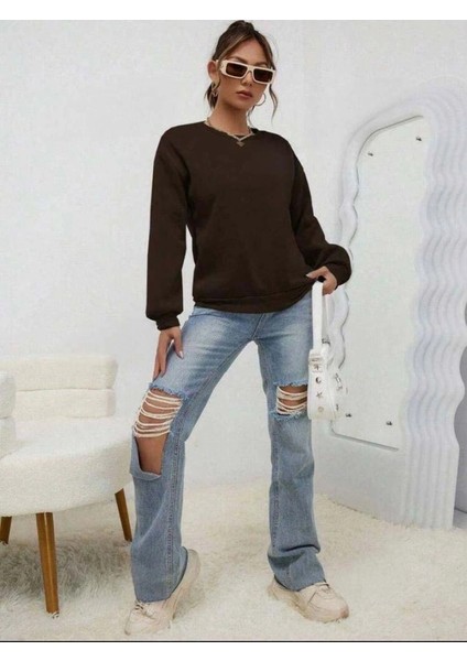 Kadın Uzun Kollu Bisiklet Yaka Şardonlu Üç Iplik Kumaş Sweat modelleri