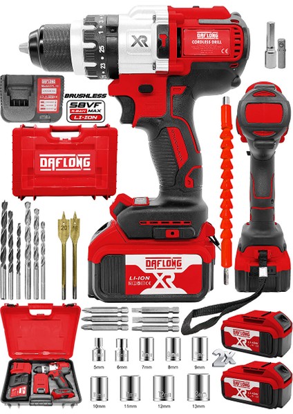 Brushless 21V 3 Ah Çelik Şanzıman 10 Pilli Çift Akülü Darbeli Şarjlı Matkap Vidalama-Kirmizi fiyatları