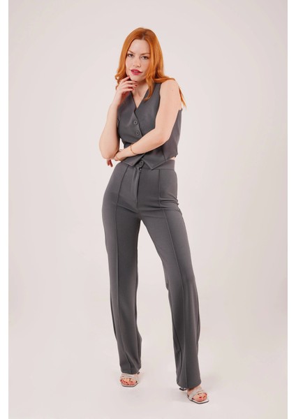 Ön Dikiş Detaylı Tek Düğme Gri Pantolon