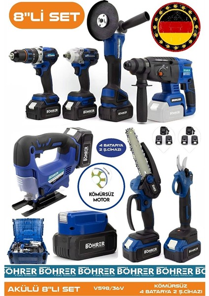Alman Akülü Kömürsüz V598 5AH Profesyonel 8 Makine Kombo Set ,blue 4 Batarya 2 Ş. Cihazı