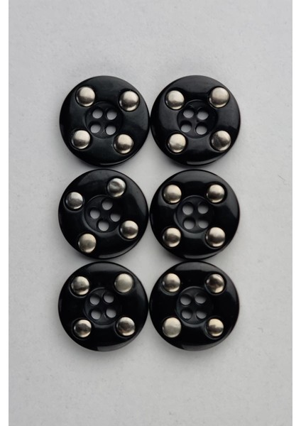 Akrilik Dört Delikli Yuvarlak Siyah Çeket Hırka Yelek Düğmesi 6 Adet