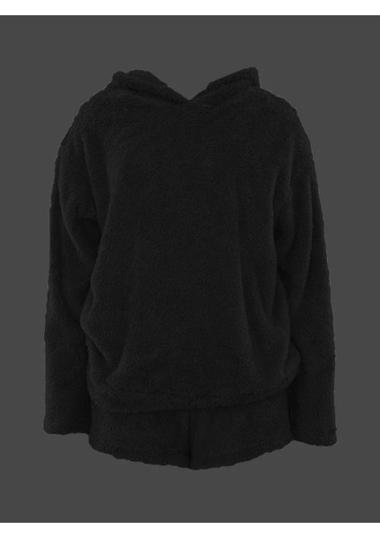 Kadın Uzun Kollu Meow Kedi Nakışlı Kapşonlu Peluş Sweat ve Short Ikili Takım