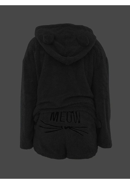 Kadın Uzun Kollu Meow Kedi Nakışlı Kapşonlu Peluş Sweat ve Short Ikili Takım