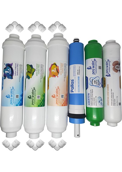 Kapalı Kasa Su Arıtma Cihazlarına Uygun Pallas 80 Gpd Inline 6'li Alkali Filtre Seti Bağlantı Dirseği Hediyeli Alkali Filtre