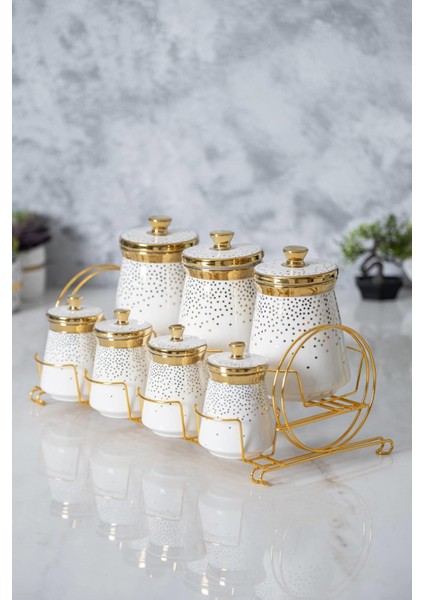 6388 Fleur Metal Standlı 7 Li Baharat Takımı Gold