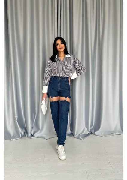 Mavi Askılı Iki Parça Jeans Pantolon