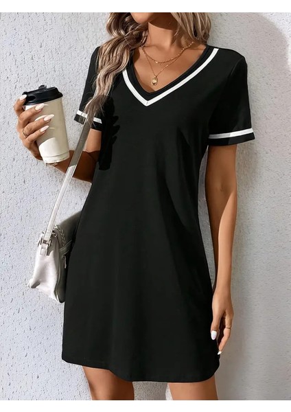 Kadın Kısa Kollu V Çizgili Yakalı Kısa Viskon Elbise fiyatları