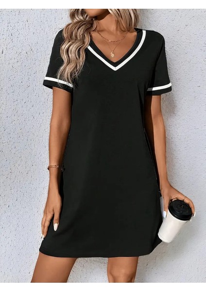 Kadın Kısa Kollu V Çizgili Yakalı Kısa Viskon Elbise modelleri