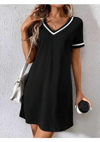 Kadın Kısa Kollu V Çizgili Yakalı Kısa Viskon Elbise fırsatları