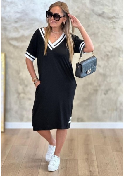 Kadın Kısa Kollu V Yaka Ribana Detaylı Cepli Dizüstü Viskon Elbise fiyatları