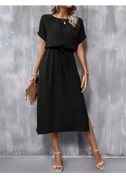 Kadın Kısa Kollu Yakası Açık Belden Bağlamalı Yırtmaçlı Viskon Elbise