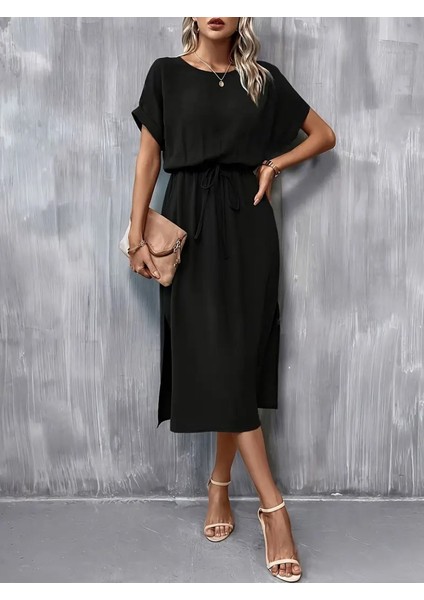 Kadın Kısa Kollu Yakası Açık Belden Bağlamalı Yırtmaçlı Viskon Elbise fiyatları
