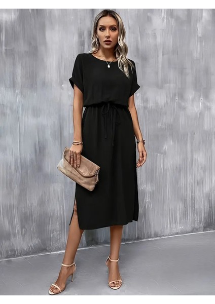 Kadın Kısa Kollu Yakası Açık Belden Bağlamalı Yırtmaçlı Viskon Elbise modelleri