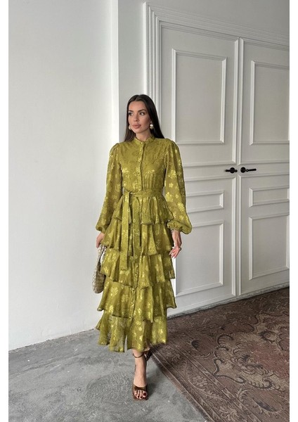 Yağ Yeşili Valonlu Şeritli Kat Kat Elbise