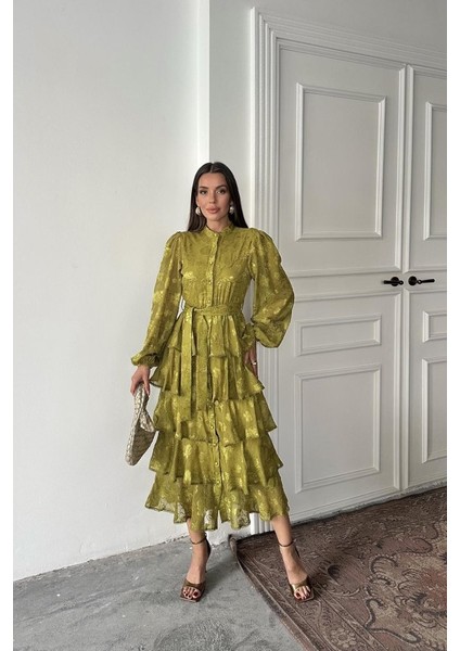 Yağ Yeşili Valonlu Şeritli Kat Kat Elbise fiyatları