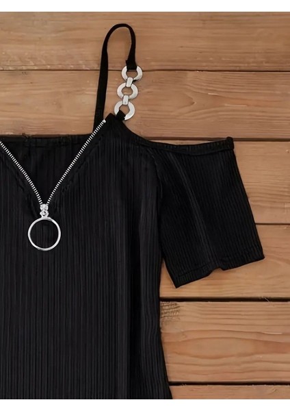 Kadın Askılı Önü Fermuarlı Asimetrik Kesim Detaylı Kalın Fitilli Kaşkorse Elbise fiyatları