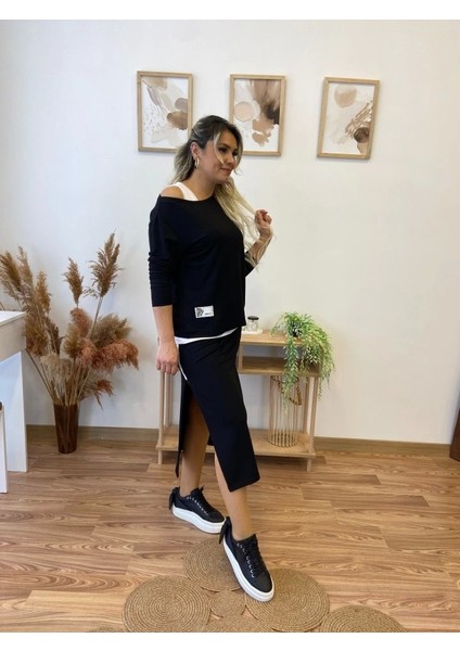 Kadın Uzun Kollu Tek Omuzu Açık Viskon Bluz Içi Atletli ve Yandan Şeritli Üçlü Viskon Ikili Takım fırsatları