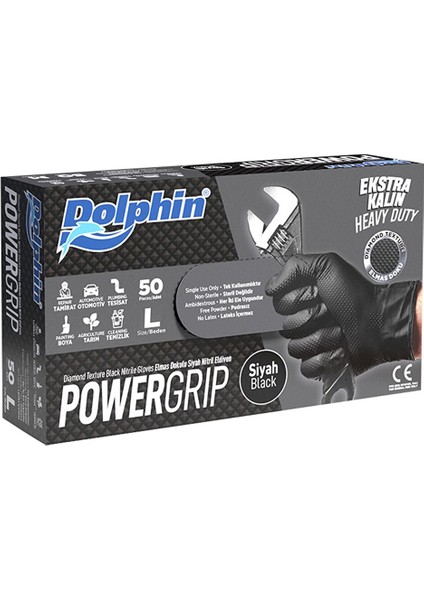 Nitril Powergrip Ekstra Kalın Elmas Dokulu Eldiven Siyah Large Büyük Boy 50'li 3 Paket