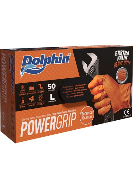 Nitril Powergrip Ekstra Kalın Elmas Dokulu Eldiven Turuncu Large Büyük Boy 50'li 10 Paket