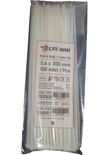 3,6X300 Kablo Bağı Beyaz 100 Adet