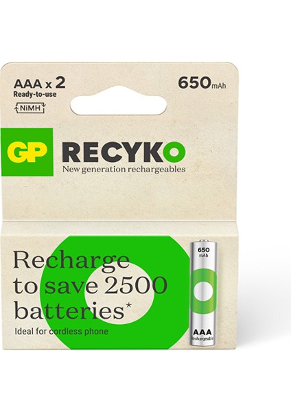 Batteries Recyko 650 Aaa Ince Kalem Ni-Mh Şarjlı Pil 1.2 Volt 2li Kart