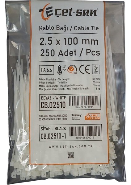 2,5X100 Kablo Bağı 250 Adet Beyaz