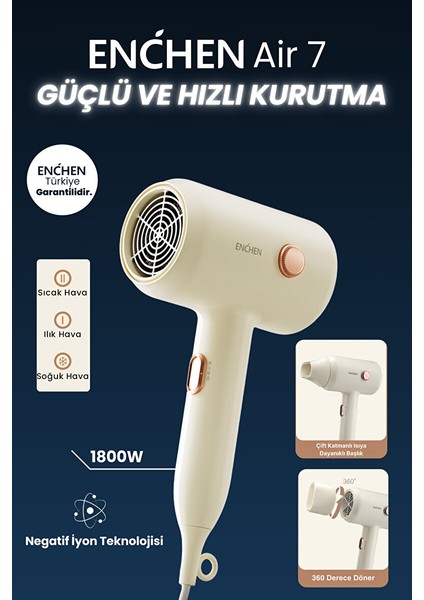 Air 7 1800 Watt Negatif Iyonik Teknoloji 3 Sıcaklık Modlu Saç Kurutma Makinesi fırsatları