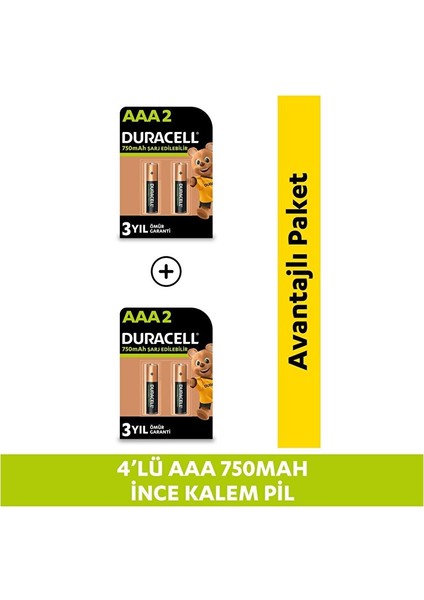 Şarj Edilebilir Aaa 750 Mah Ince Kalem Pil, 4'lü Paket