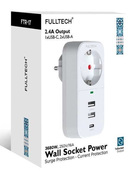2.4A Çıkışlı 2xusb 1xtype-C Tekli Priz Ftr-17