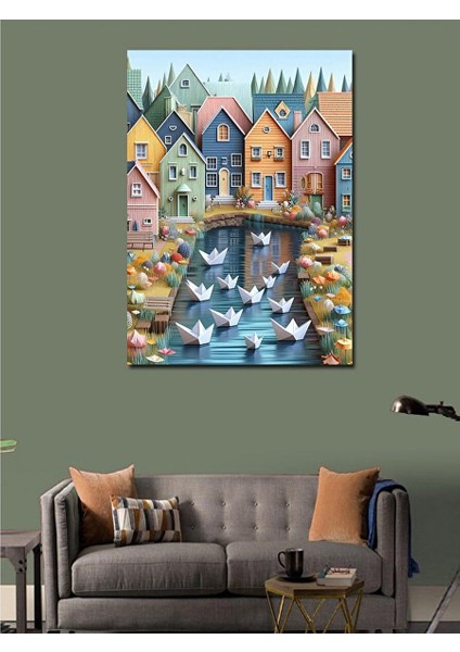 Kanvas Tablo Renkli Evler ve Origami Tekneler 70X100 cm modelleri