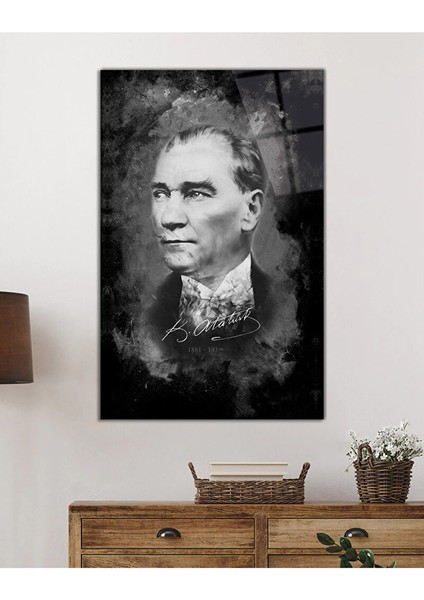 Atatürk Portresi Siyah Beyaz Cam Tablo, Uv Baskılı ve Temperli, Hediyelik 130X80 cm