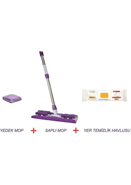 Tak Kullan Mandallı Mop Teleskopik Saplı + Yedek Mop + Yer Temizlik Havlusu