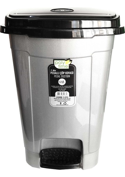 Pedallı Basmalı Çöp Kutusu Kovası / Çıkarılabilir Iç Kovalı / Gri / 12 Litre / 34X27X27 Cm.