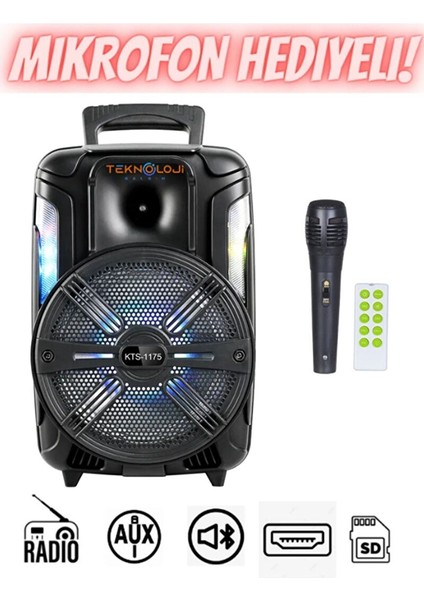 Büyük Speaker Bluetooth Hoparlör Parti Karaoke Mikrofonlu Ses Bombası 26CM Işıklıö8inç Aux/fm/usb/sd