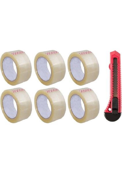 6 Adet 45MM x 100MT Şeffaf Koli Bandı + Falçata Seti
