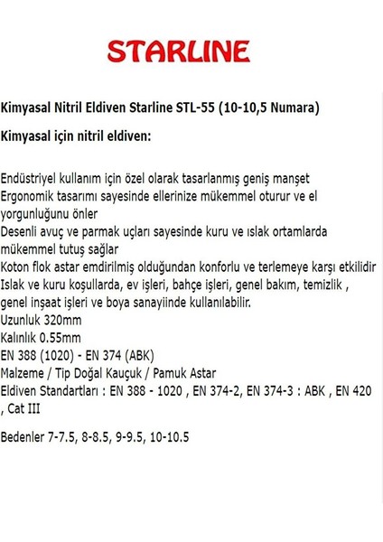 Kimyasal Nitril Eldiven Stl-55 (10-10,5 Numara)