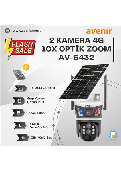 AV-S432 4mp 10X Optik Zoom 2 Kameralı Solar Ptz 4g Sim Kartlı Sesli Alarmlı Kamera fiyatları