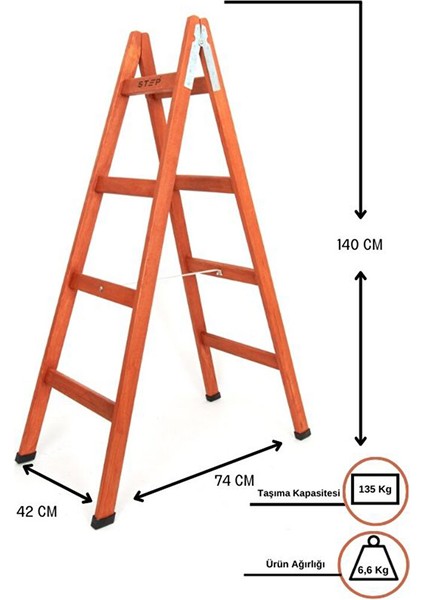 4 Basamaklı Ahşap Merdiven 1.40 mt