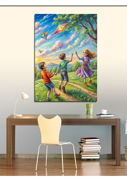 Kanvas Tablo Uçurtma Uçuran Çocuklar 70X100 cm modelleri