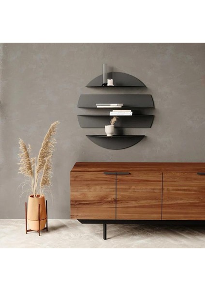 Yuvarlak Bölmeli 4 Parça Metal Mat Siyah Duvar Rafı Modern Dekoratif Metal Duvar Rafı, Daire 4'lü Siyah Dekoratif Antre Salon Otur