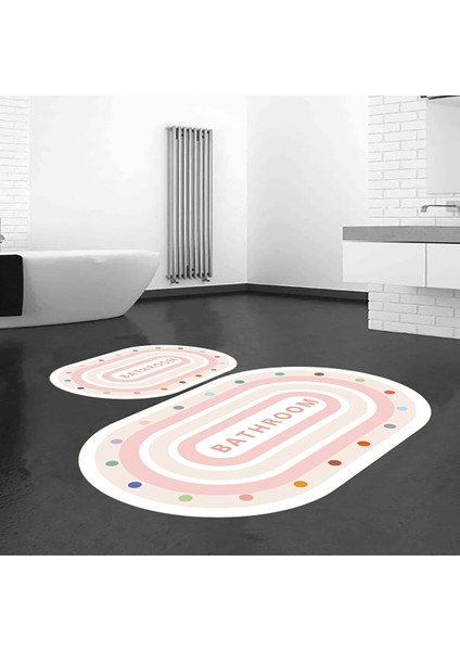 Renkli Klozet Takımı, Oval Banyo Paspası, Dekoratif Paspas, 2'li̇ Klozet Takımı, Kaymaz Taban, Yıkanabilir Paspas, 60X100 cm