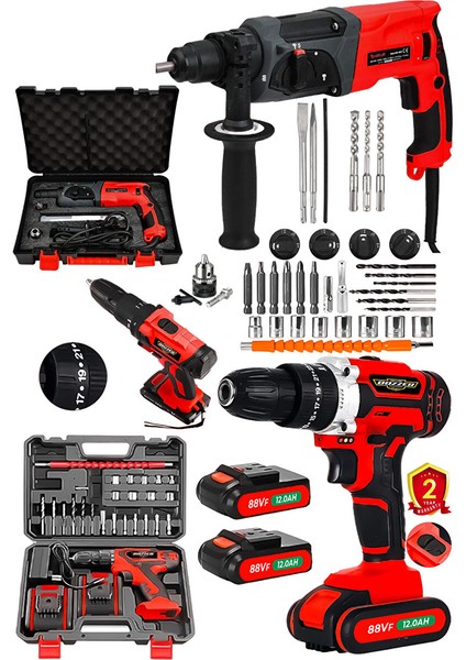 Mega 2 Li Set 88 Vf 12 Ah Setli Akülü Vidalama Matkap & Bakır Sargılı 2.30MM Kırıcı Delici Matkap