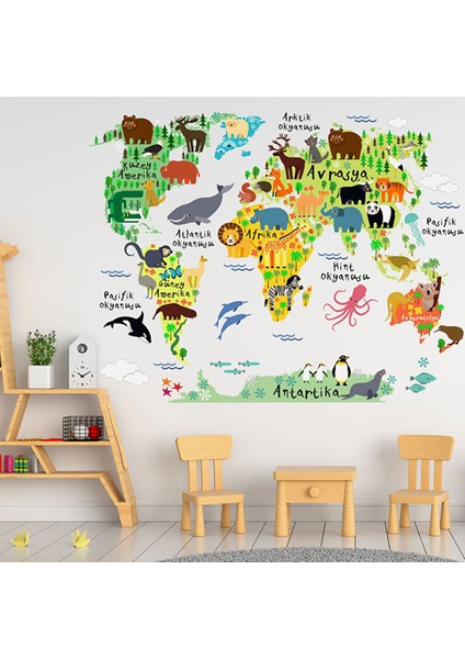 Tilki Dünyası Eğitici Renkli Türkçe Dünya Haritası , Atlası Çocuk Duvar Sticker TILKI/76305